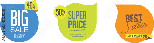 A colorful set of sale and best seller stickers on a white background