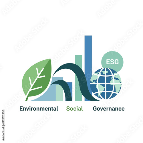 ESG concept illustration showing environmental, social, and governance principles with a green leaf, globe, and graph.