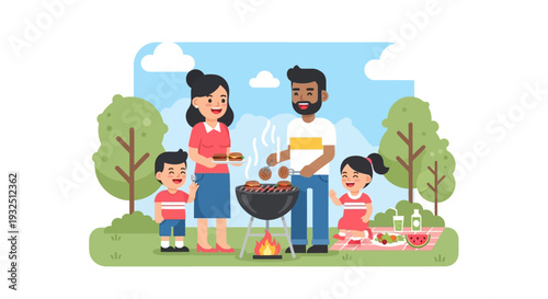 Family enjoying a barbecue together in a serene outdoor setting on a sunny day