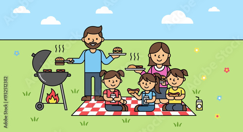 Family enjoying a picnic with a barbecue in a green field on a sunny day