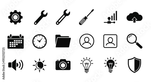 Collection of black icons depicting tools technology and concepts silhouette