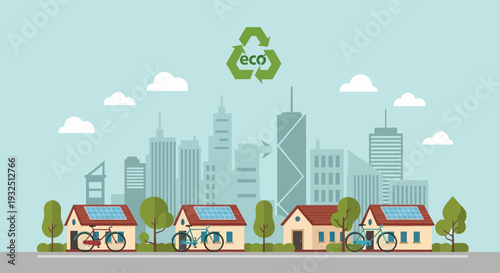 Sustainable community with eco-friendly houses and recycling symbol over cityscape
