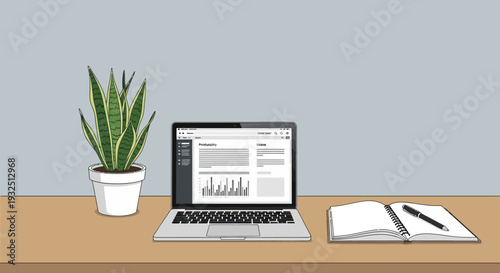 Modern office desk with laptop, plant, and notebook on a wooden table, viewed from the front