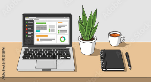 Modern workspace with laptop, notebook, and plant on desk, viewed from the side, showcasing a productive office environment.