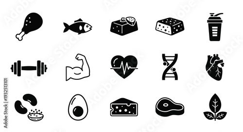 Collection of black silhouettes depicting food health and lifestyle