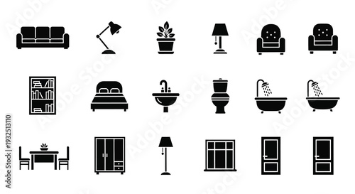 Black furniture and bathroom fixtures depicted as a minimalist silhouette