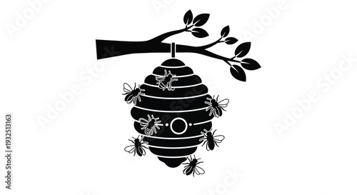 Black silhouette of a beehive with bees on a branch silhouette