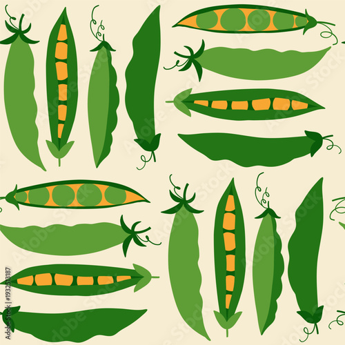 Seamless vector pattern with hand-drawn green pea pods and open peas on  light neutral background. Fresh vegetable repeat design in a flat modern style for food packaging, textiles, and kitchen themes