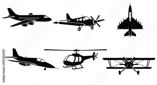 Collection of various aircraft types depicted in black a striking silhouette