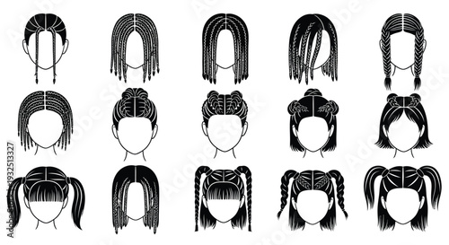 Collection of diverse braided hairstyles represented as clean silhouettes