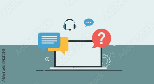 Customer support icons float above a laptop screen a flat silhouette