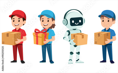 Delivery Personnel and Robot Carrying Packages and Gifts