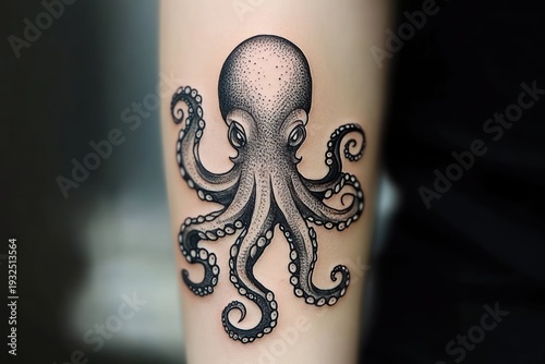 black dotwork octopus tattoo on forearm with curling tentacles, detailed suction cups and bold monochrome shading, elegant mysterious vibe