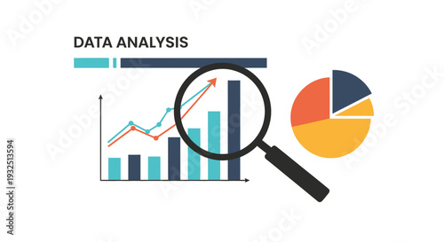 Data analysis illustration featuring charts graphs and a magnifying glass silhouette