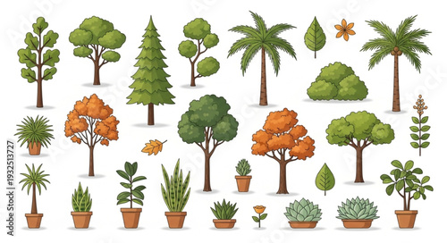 Collection of various trees and plants in pots, perfect for design projects and illustrations.