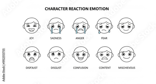 Character emotion reactions displayed in a series of line drawings.