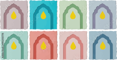 Set of 8 colorful paper cut mosque arch designs with yellow drop shapes isolated PNG with Transparent Background