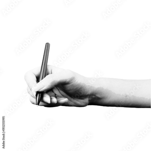 Black and white halftone illustration of human hand holding pen, isolated on light background. Writing, signature, agreement and business concept.
