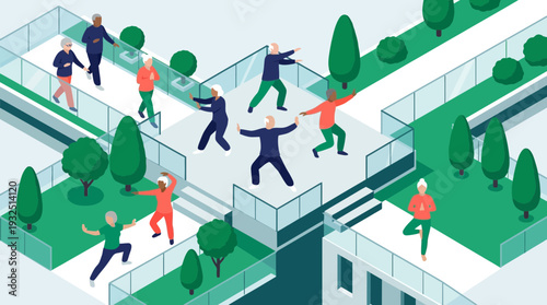 Senior Fitness Group Exercise in Modern Park Setting