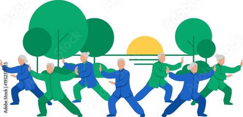 Senior Fitness Group Exercise in Park with Green Trees and Sunset