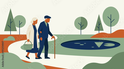 Senior Fitness Outdoors: Elderly Couple Walking Near Pond