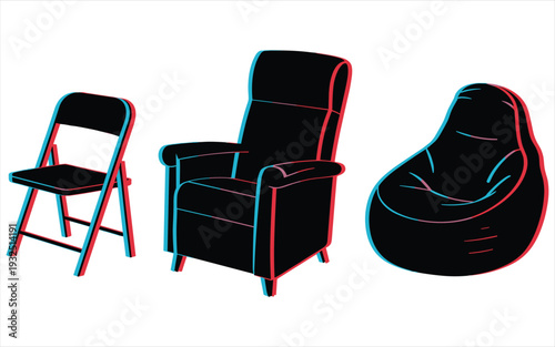 Three Black Chairs Side by Side with 3D Effect