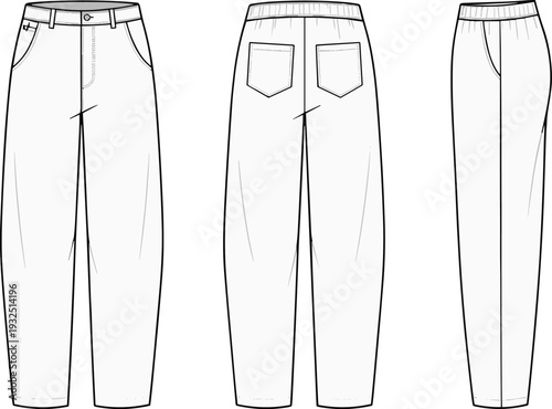 Women’s casual pants technical fashion flat sketch, front back and side view, detailed vector apparel template with pockets and elastic waistband, clothing design blueprint
