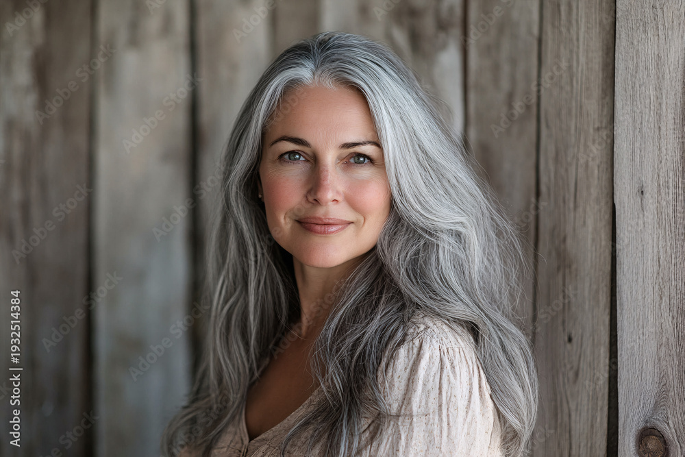 Fototapeta premium Beautiful middle-aged woman with long gray hair