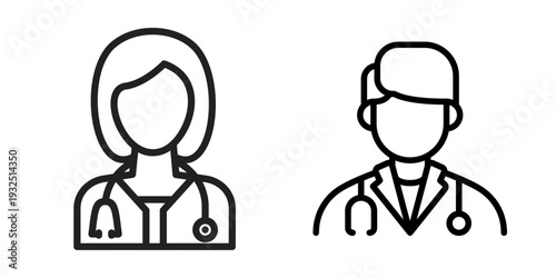Male and female doctor avatars in thin line icon style