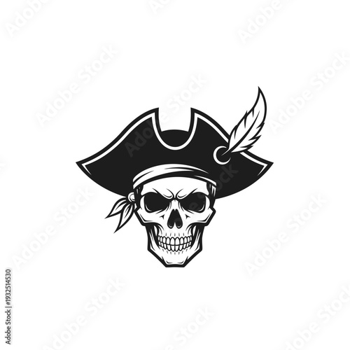Pirate Skull with Feathered Hat and Bandana - Vector Illustration