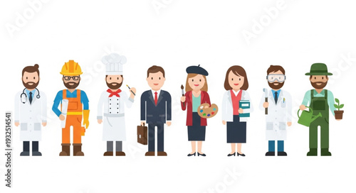 Diverse group of professionals representing various occupations and careers in a row.