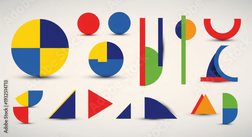 Colorful geometric shapes arranged in various abstract compositions for design.