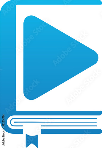 A vibrant blue gradient vector illustration of a book with a play button symbol overlaid, representing an audiobook or digital learning resource