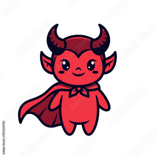 Cute little red devil cartoon character with horns and cape, happy expression