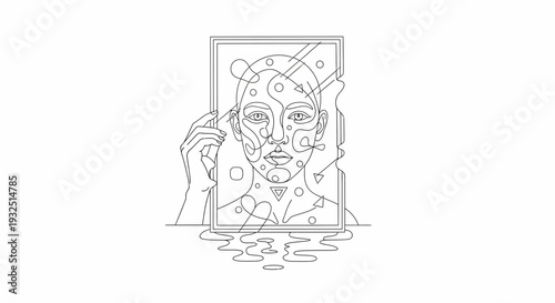 Abstract face art with geometric shapes and reflection