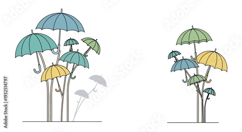 Abstract Colorful Umbrellas Growing Like Plants with Shadows