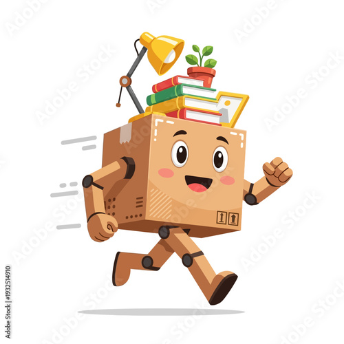Happy Cardboard Box Robot Running with Books, Lamp, and Plant on Head