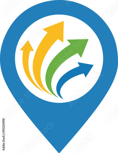 Blue map pin location marker containing colorful swooping arrows pointing upward representing growth direction and navigational progress in professional design