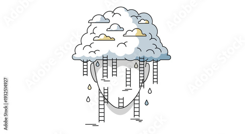 Cloudy Mind with Ladders and Raindrops, Abstract Concept of Thoughts