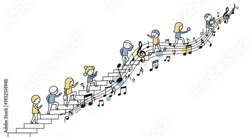Children Climbing Musical Staircase with Notes and Symbols
