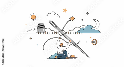 Creative person threading giant needle, symbolizing inspiration and handcraft