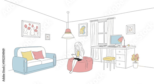 Cozy Living Room with Girl Using Tablet