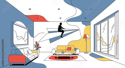 Dreamy Living Room with Silhouette Man Riding Paper Airplane