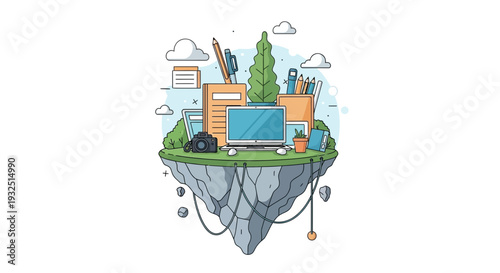 Creative Workspace Island: Computer, Camera, Supplies, Floating on Rocks