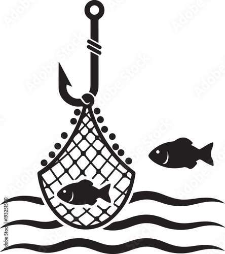 Fishing net with caught fish and hook above water ripples representing commercial fishing industry and aquatic harvest for seafood production and hobby