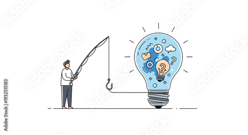 Man fishing for ideas inside a light bulb