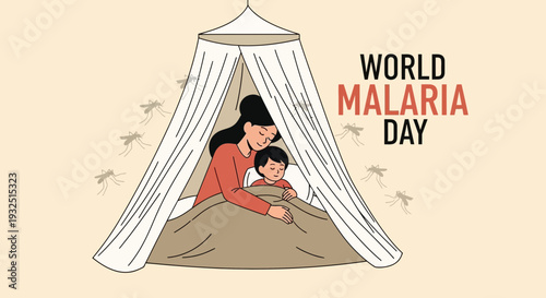 Mother and Child Protected in Bed Under Mosquito Net, World Malaria Day Concept