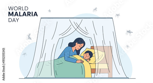 Mother Tucking Child into Bed Under Mosquito Net for World Malaria Day