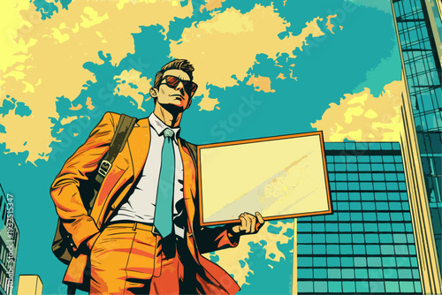 Businessman holding empty white signboard in city street flat vector illustration