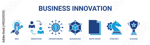 Business Innovation web banner icon vector illustration concept with icons of idea, exchange, crowdfunding, blockchain, white paper, strategy, and success. 